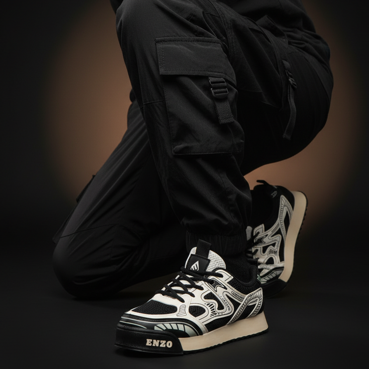Person wearing black sneakers with white accents on a dark background